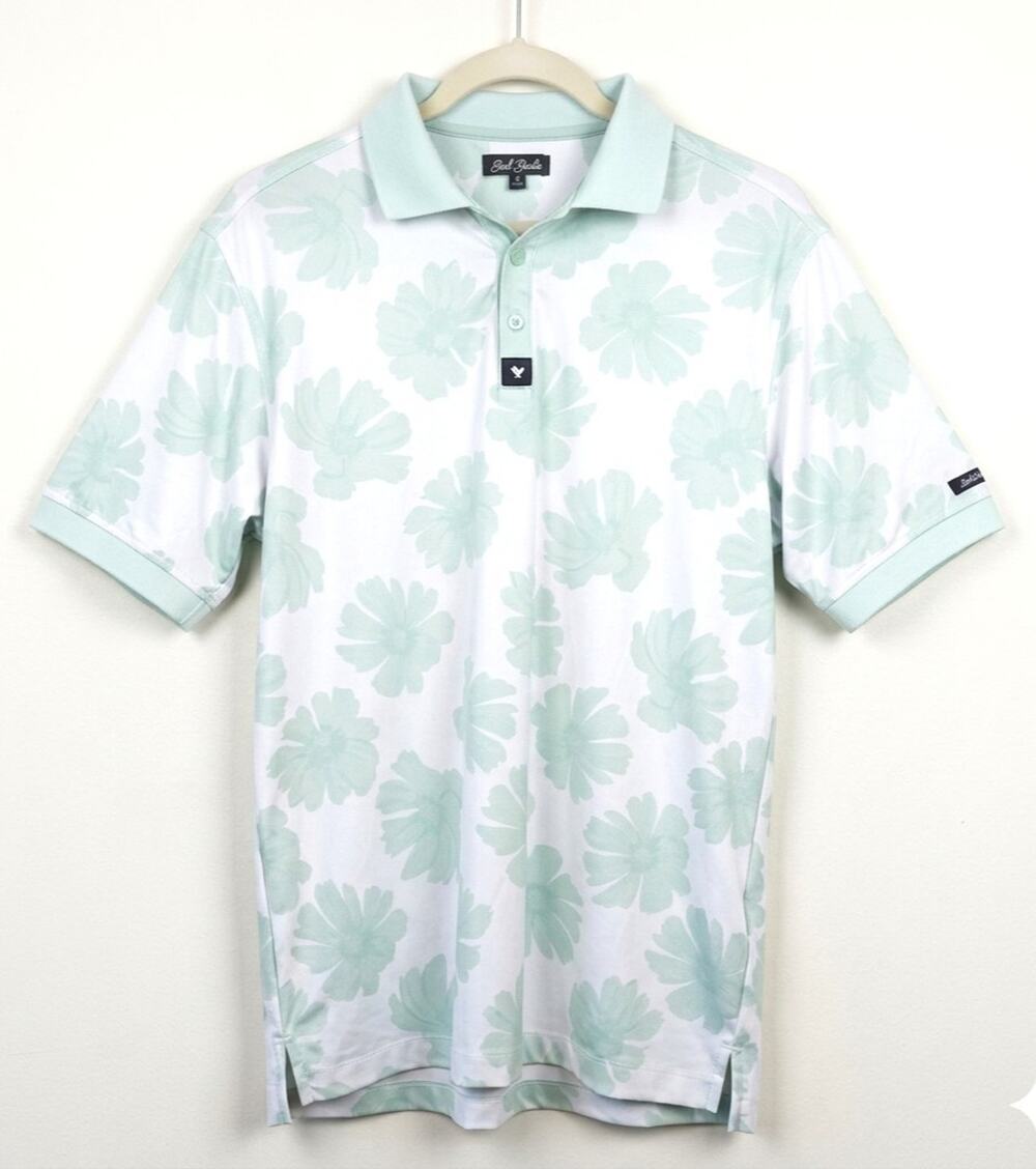 Bad Birdie Men's Golf Polo Shirt Size M Mint Green White Floral Short Sleeved